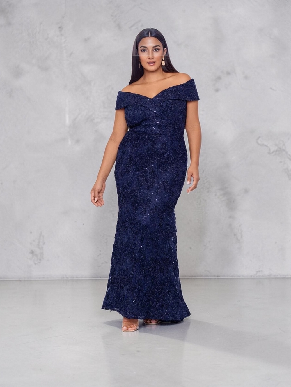 Xscape Off-Shoulder Navy Sequin Evening Gown, Size 20W